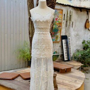 White Tiered Lace Maxi Dress Spaghetti Strap Boho Bridal Wedding Dress